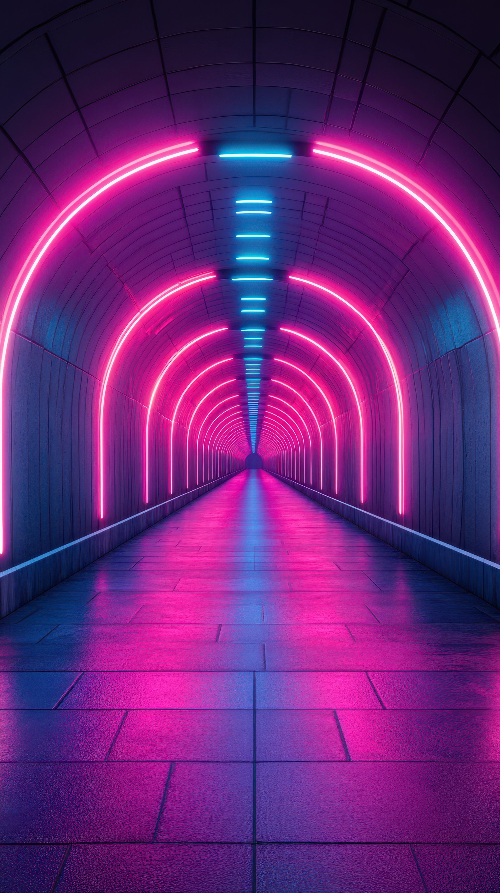 Neon light tunnel with pink and blue glowing arches creates a futuristic atmosphere at night